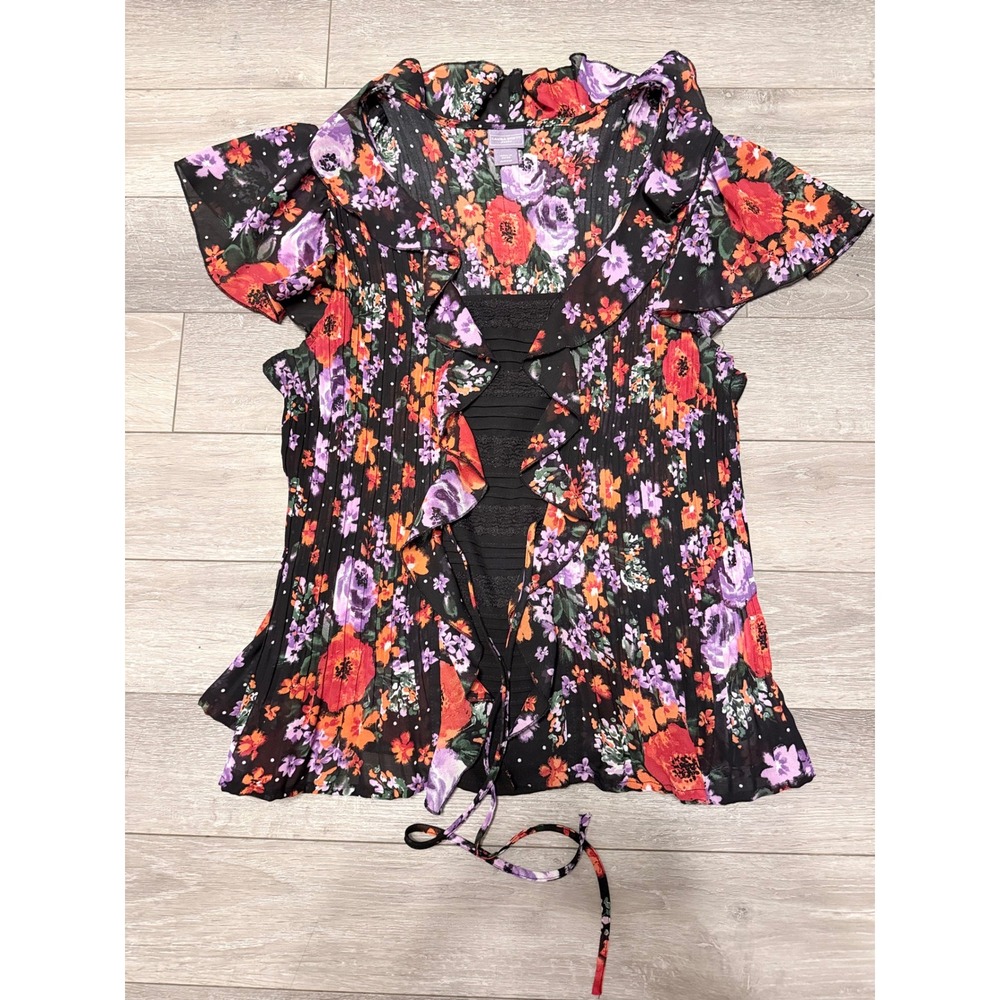 Laura Scott Floral Ruffle Blouse Women XL Petite Black Multi Excellent Pleated